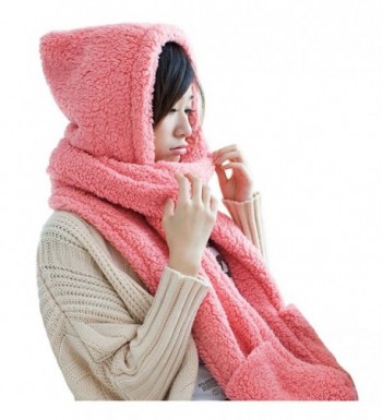 Women Warm Soft Fleece Hooded Scarf Hat Mitten all in one with Pocket for Winter - Pink - CI187R0I8E5