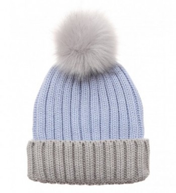 MIRMARU Women's Winter Two-Tone Rib Knitted Ski Cuff Beanie Hat With Pom Pom. - Blue - CU186Y59HN2