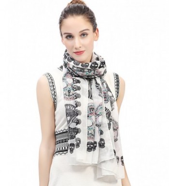 Lina & Lily Multi Color Sugar Skull Print Women's Large Scarf Lightweight - White - CG127XPSCT7