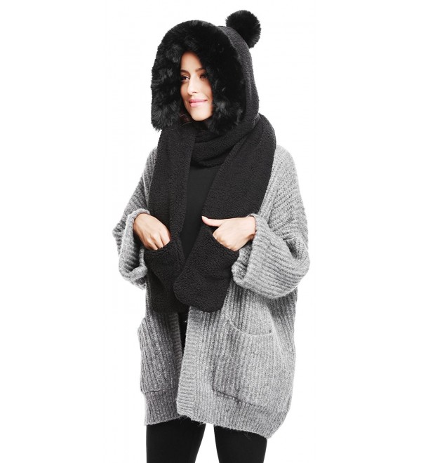 Soft Winter Warm Hooded Scarf Headscarf Neckwarmer Hoodie Hat - Pom Pom_black - C0186W3YC8K