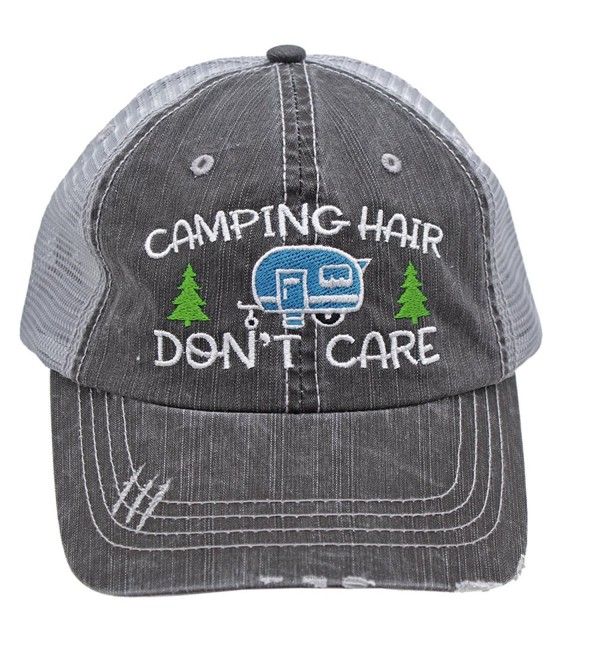 Turquoise Camping Hair Don't Care Women Embroidered Trucker Style Cap Hat - CK18283R4QK