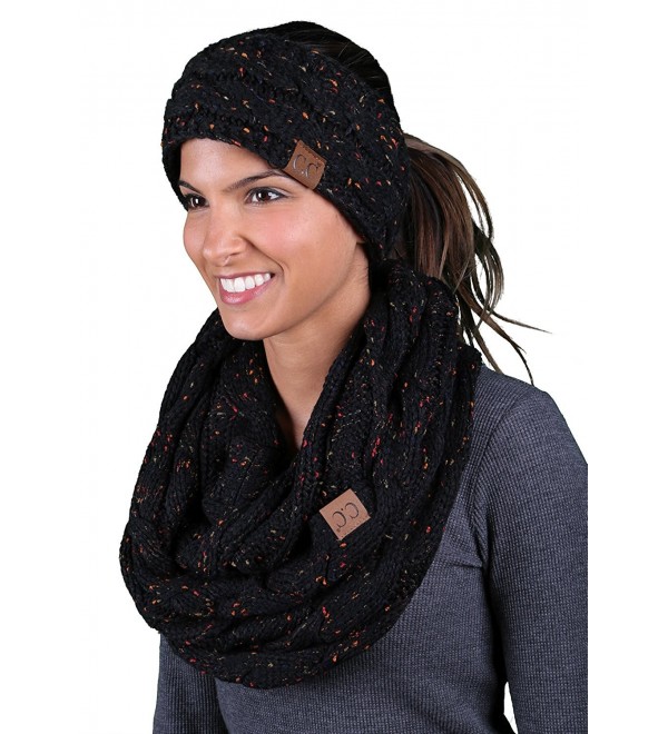 CC Confetti Cable Knit Fuzzy Lined Head Wrap With Matching Infinity Scarf - A Confetti Black Design - CX188ZY5IAG