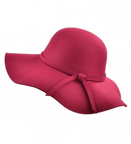 Diffyou Women's Solid Wool Ribbon Wide Brim Party Floppy Sun Felt Hat - Wine Red - CX126NYPAM5