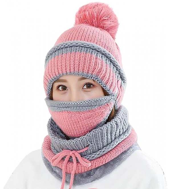 Ababalaya Women's Warm Fleece Pom Hat & Removable Windproof Mask & Neck Scarf Sets - Pink - C3188L2YG80