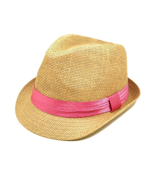 Classic Tan Fedora Straw Hat with Pink Band - CE11076FX7J