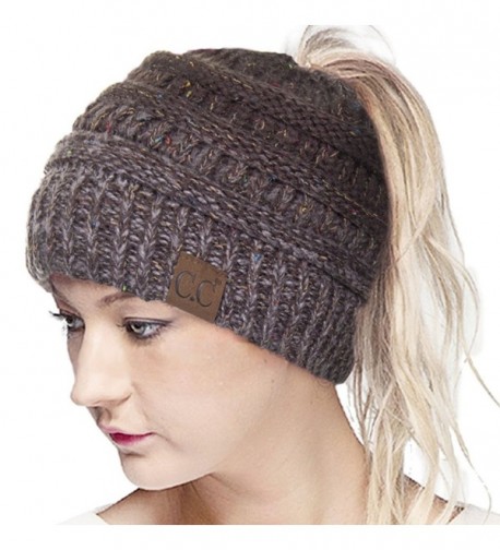 ScarvesMe CC Confetti Ombre Beanietail Ponytail Messy Bun Solid Ribbed Beanie Hat Cap - Brown - CP185XG7593