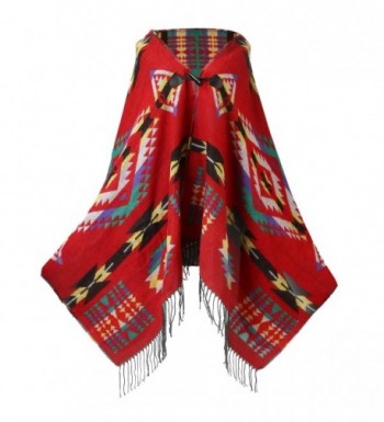 UTOVME Womens Wool Blend Fashion Bohemian Fringe End Poncho Cashmere Feel Cape - Red - C3126DGVLGX