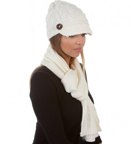 Sakkas Womens 2-piece Cable Knitted Visor Beanie Scarf and Hat Set with Button - Cream - C8117BB6FZH