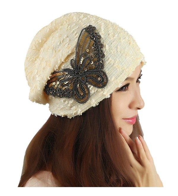 DEESEE Beanie Hat Winter hat Lace Butterfly Lady Skullies Turban Cap - Beige - C412MZL1LGG