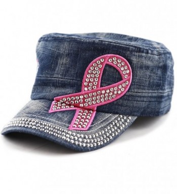 THE HAT DEPOT Breast Cancer Pink Ribbon Cotton Cadet Glitter Cap Hat - Dark Denim - CO182EWTU84