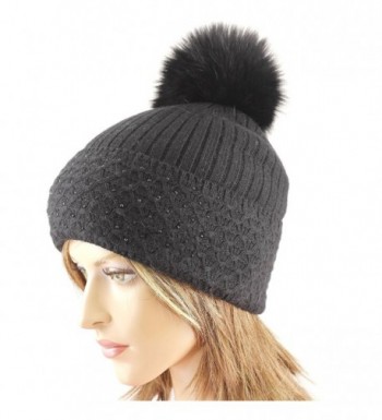 LA-EL COUTURE Women's Wool&Angora Rhinestones Fur Pom-Removable Warm Beanies - Black - C512BDDDDO9