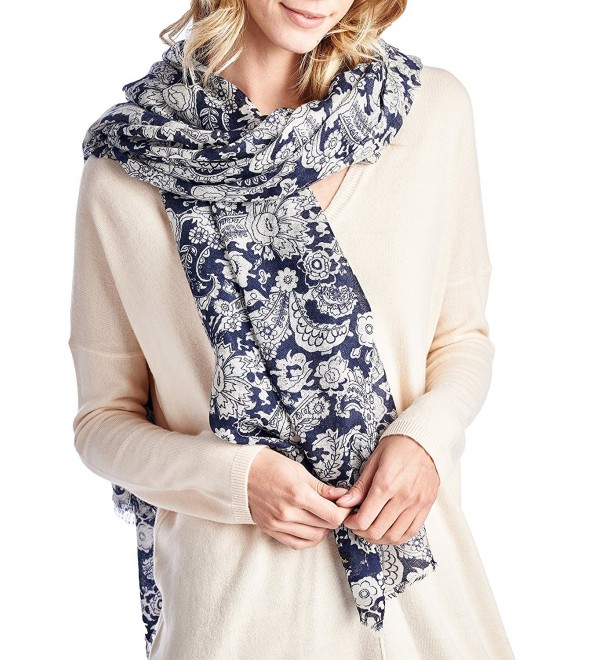 High Style 100% Merino Wool Printed Pashmina Scarf Shawls (Various Colors and Designs) - Navy Print - C2126Y3S9FL