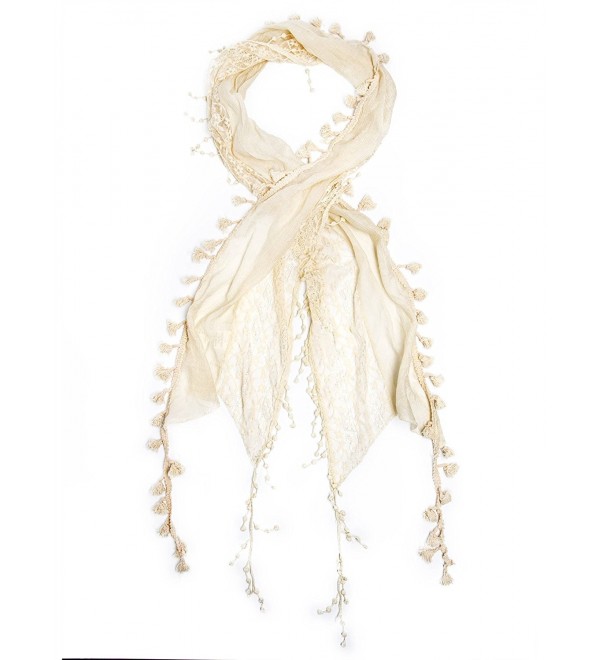 Bohomonde Della Scarf- Lace Tassel Scarf- Crochet Trim - Antique White - C411QHM0ZN9