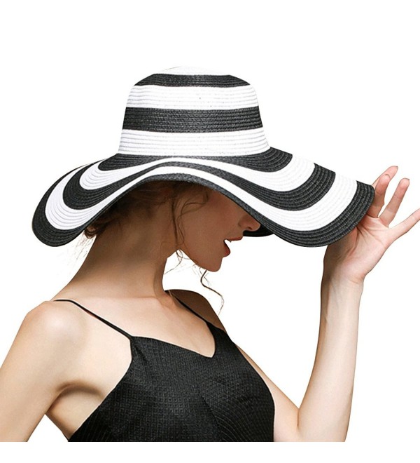 Beach Hats For Women Floppy Sun Stripes Woven Elegant Hats UPF 50+ White Black - Black White - CR182KCG9OD