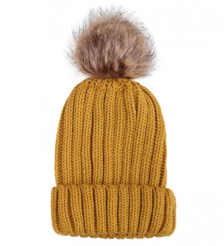 Arctic Paw Unisex Girls Children Mommy&me Cable Knit Beanie with Faux Fur Pompom - Adult-yellow - C01820K04WT