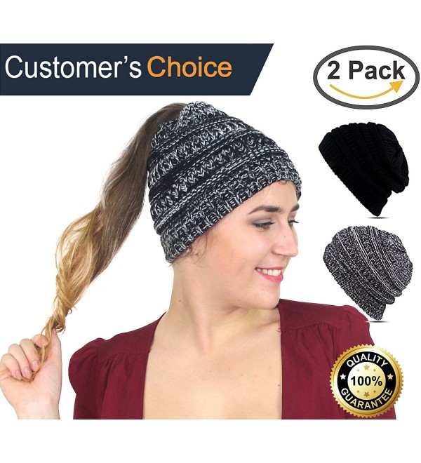 Cupid BeanieTail Soft Stretch Cable Knit- Messy High Bun Ponytail Beanie Headband - Black - White - CJ189XHRO0D