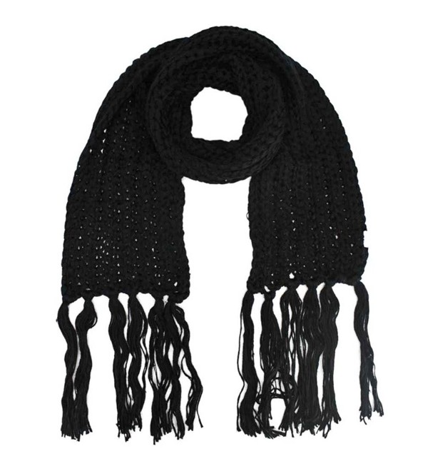 Thick Knit Long Winter Scarf With Fringe - Black - CD1158F4PFF