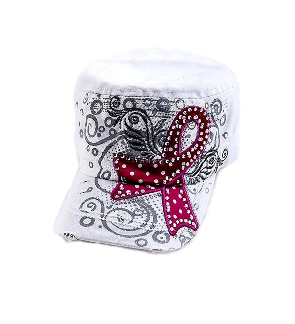 White Military Style Cap with Breast Cancer Awareness Pink Ribbon studded with Rhinestones- One Size - CS11LDZNT2T