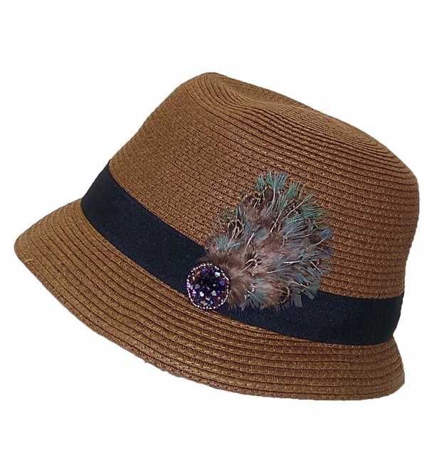 A&W Women's Paper Straw Cloche Hat W/Jewels- Feathers & Band (One Size) - Brown - C611Y98FQR3