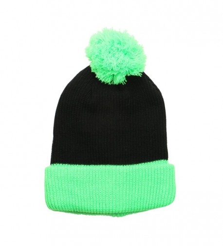 The Two Tone Thick Knitted Cuffed Winter Pom Beanie - Black/Neon Green - C011SFY8FIJ
