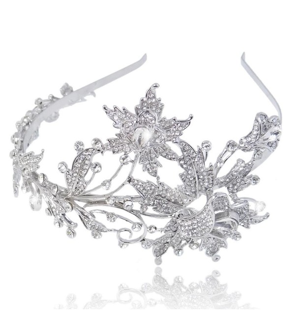 EVER FAITH Wedding Leaf 2 Flower Headband Clear Austrian Crystal Silver-Tone - CN11JM6Y8UX