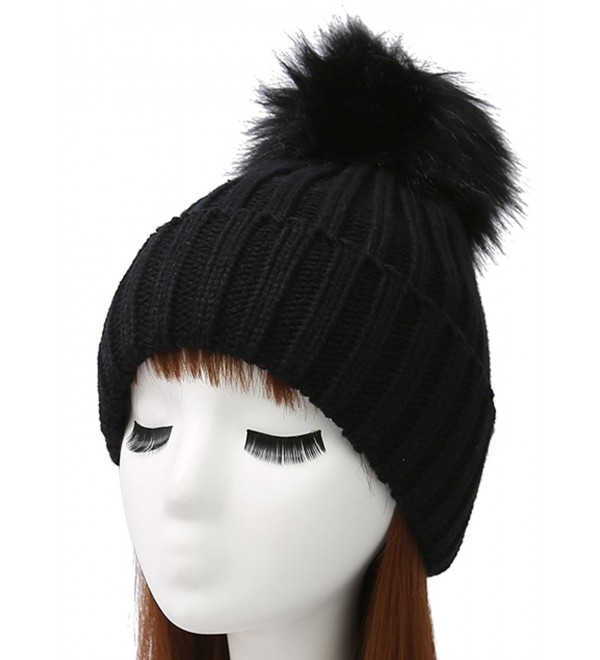 Woogwin Womens Winter Knit Beanie Hat Warm Fleece Pom Pom Slouchy Skull Ski Caps - Black - C6189NZKILN