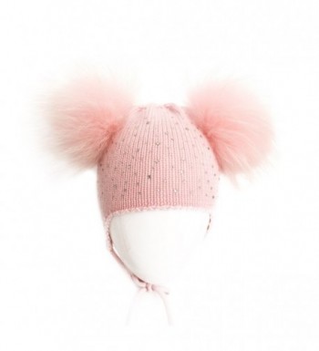Girl's Pink Knitted Woolen Beanie Rhinestone Caps with Two Fox Fur Pompoms - CX184Z6U676