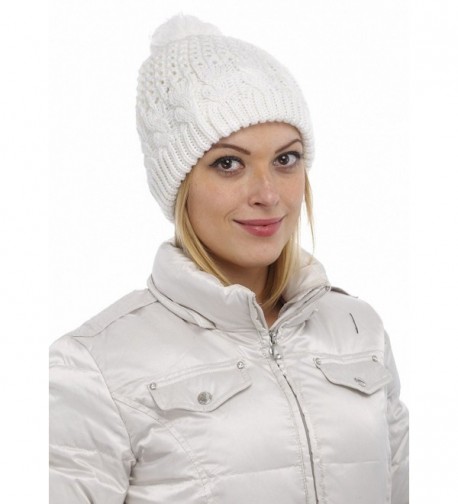Women Warm Winter Thick Slouchy Knit Hat With Pom Pom - White - CC124I3SXXH