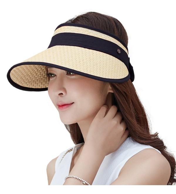 SiggiHat Womens UPF Wide Brim Straw Visor Cap Rollable Sun Hats Free Size - 89044_beige - CH17YIRE83C