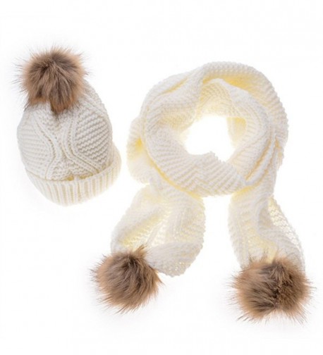 MINAKOLIFE Womens Stylish Cable Winter Warm Ski Slouch Pom Pom Hat Cap + Scarf Set - White - C3126LETOYX