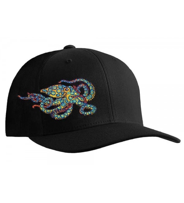 Octopus (Blue Ring) Scuba Diving Fitted Hat Flexfit Cap: Born of Water Apparel - Black - CJ11OU2ZMAN