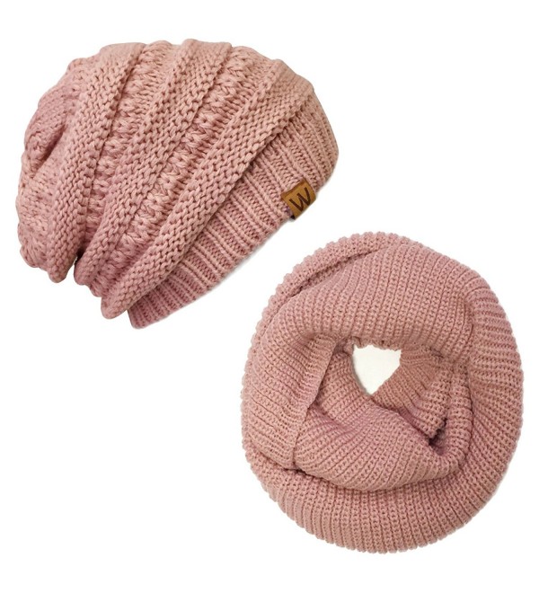 ALLYDREW Thick Knitted Winter Infinity Circle Scarf and Slouchy Beanie Set - Pink Petal - C4186KWX0XW
