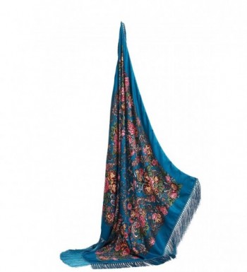 Ladies Tassel Shawl With Roses Ukrainian Polish Russian Retro Head Wrap 44" x 44" - Azure Blue - CP17YLT00W9