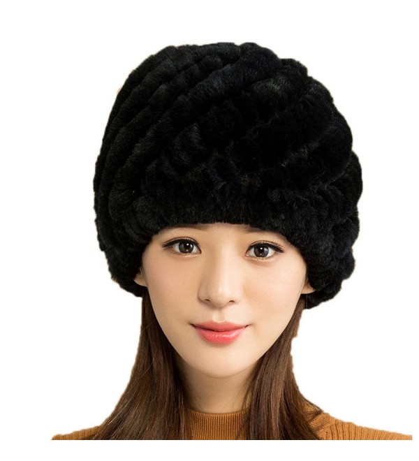 Zegeon Women's Knit Rex Rabbit Hat Beanie Winter Warm Fur Hats - Black - CD12O9QAJJB