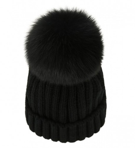 LITHER Women Winter Warm Real Large Fox Fur Pom Pom Beanie Winter Hats - Black - CH12NRE5IUH
