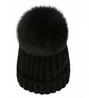 LITHER Women Winter Warm Real Large Fox Fur Pom Pom Beanie Winter Hats - Black - CH12NRE5IUH