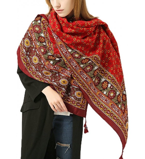 Ababalaya Women's Extra Large 70"&times37" Soft Bohemian Ethnic Style Fringed Scarf Shawl - Red - CC1853DZEZU