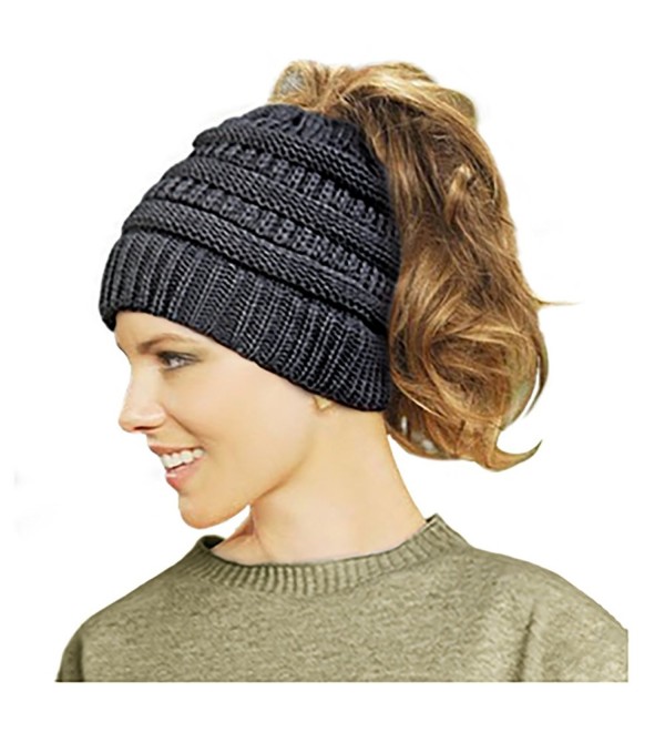 Lamdgbway Trendy Knit Hat Cable Beanie Stretch Chunky Winter Bun Ponytail Beanie - Black - CQ187G6TO57