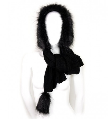 Futrzane Women Hooded Scarf Hat Knitted Wool Faux Fox Fur Long Warm - Black - Black - CD11GG6EUCD