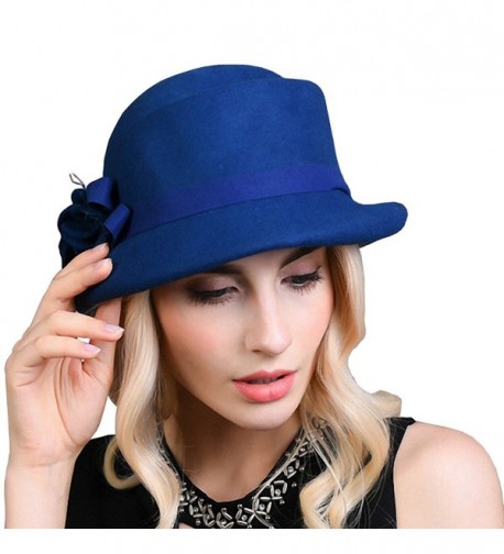 Maitose Women's Belt Flowers Wool Felt Bowler Hat - Royal Blue - C612MCI0HA1