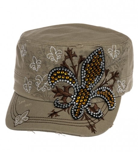 Crystal Case Womens Cotton Rhinestone Fleur de Lis Cadet Cap Hat - Khaki - CV11OHYZ9GH