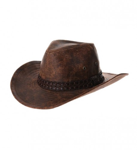 WITHMOONS Indiana Jones Hat Weathered Faux Leather Outback Hat GN8749 - Brown - CS184HR8CU3