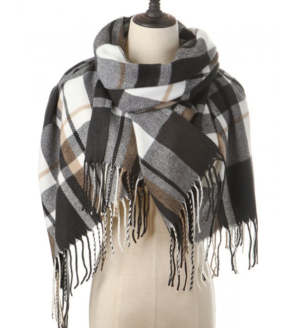 Women Plaid Blanket Cashmere Scarf Long Large Warm Tartan Scarves Wrap Shawl - Black-White - CY187R0MTYG