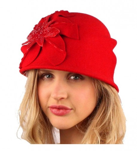 Winter Wool 1920s Elegant Floral Sequins Cloche Bell Bucket Church Hat - Red - CN125W9H8QT