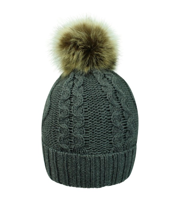 Fleece Lined Cable Knit Beanie Cap Hat With Pom Pom Gray CR12O3JTKZL