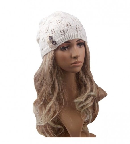 Tinksky Women Winter Warm Knit Hat Snow Ski Caps Lace Button Leaves Hollow Out Knitting Hat (White) - C212MXTTXZ5