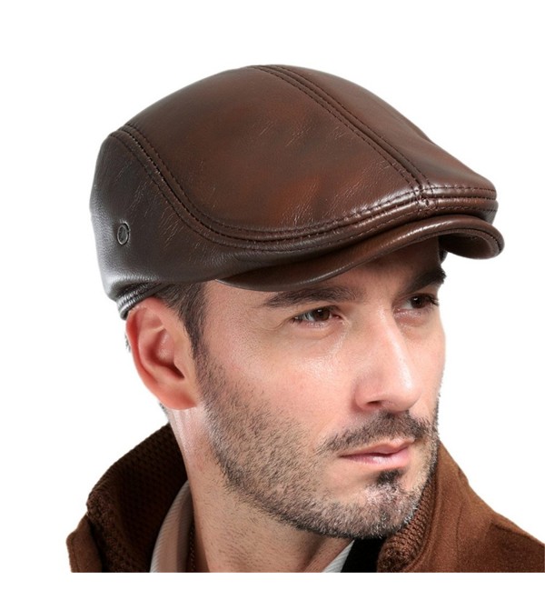 Vemolla Men's Real Cowhide Leather Beret Hunting Cap Beanie Trucker Cap Mens Sports Hat - Ancient Brown - CY12O18UOV1