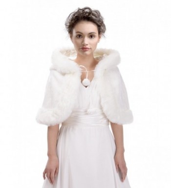 Remedios Ivory Faux Fur Birdal Wedding Hooded Cape Evening Party Wrap Poncho w Hat - CO129H8AKV5