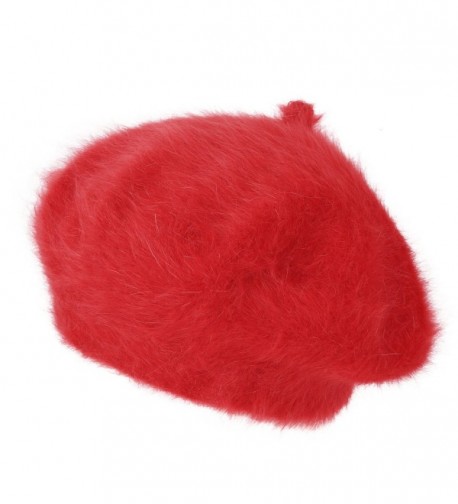 ililily Solid Color Angora French Beret Furry artist Flat Winter Hat - Red - CI188YDXSA4