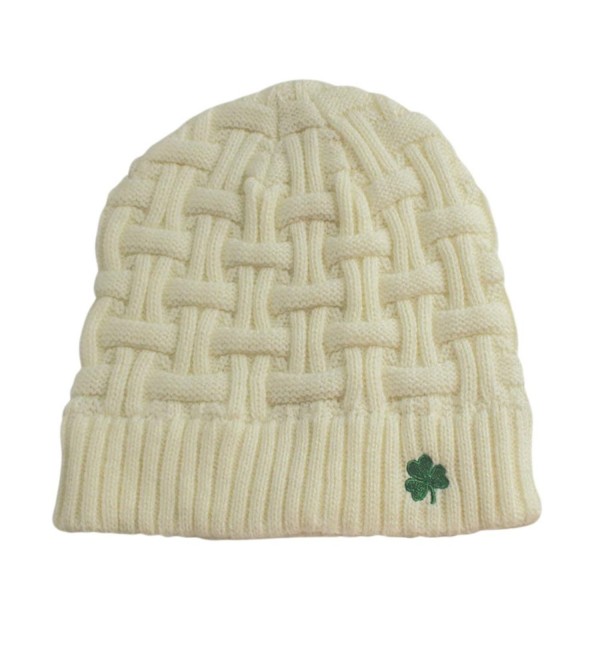 Man Of Aran Acrylic Basket Weave Beanie Hat Natural Colour With Green Shamrock - CB12FW7LQZZ